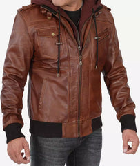 Men's Tall Brown Leather Bomber Jacket with Hood