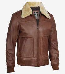 Men's Cognac Leather Bomber Jacket with Detachable Fur Collar