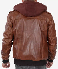 Men's Tall Brown Leather Bomber Jacket with Hood