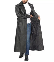 Men's Black Leather Full-Length Overcoat in Duster Style