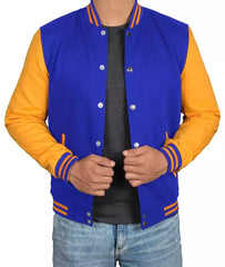 Men's Royal Blue Baseball Varsity Jacket with Yellow Sleeves - Bomber Style