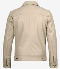 Men's Beige Harrington Leather Jacket with Classic Shirt Collar
