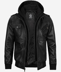 Men's Black Leather Bomber with a Fully Removable Hood