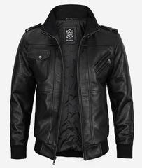 Men's Black Leather Bomber with a Fully Removable Hood