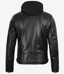Men's Black Leather Jacket with Detachable Hood