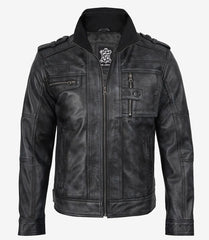 Men's Distressed Black Real Leather Biker Jacket