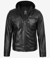 Men's Black Leather Jacket with Detachable Hood