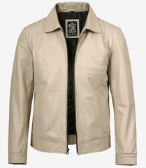Men's Beige Harrington Leather Jacket with Classic Shirt Collar