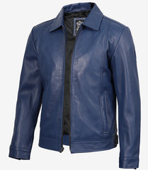Men's Classic Blue Leather Jacket Featuring Shirt Collar