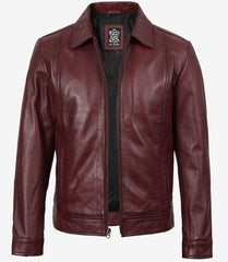 Men's Burgundy Harrington-Style Leather Jacket