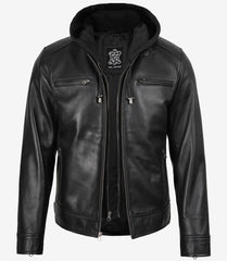 Men's Black Leather Jacket with Detachable Hood