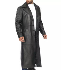 Men's Black Leather Full-Length Overcoat in Duster Style