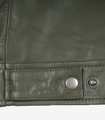 Men's Olive Green Leather Jacket with Classic Shirt Collar