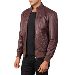 Moda Leather Bomber Jacket In Maroon