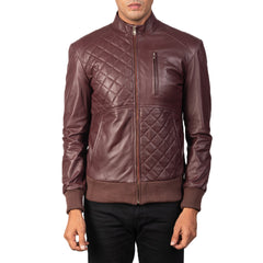 Moda Leather Bomber Jacket In Maroon