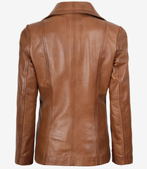 Women's Tan Leather Blazer with Two Buttons and Notch Lapel