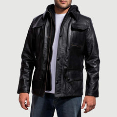 Moulder Hooded Leather Jacket In Black