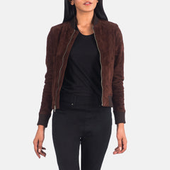 Elara Classic Women Brown Suede Bomber Jacket