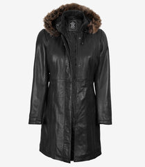 Women's Premium Black Leather Coat with Removable Fur Hood