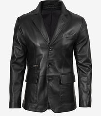 Men's Black Leather Blazer with Three Buttons and Notch Lapel