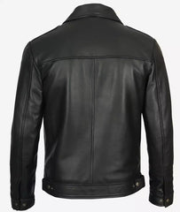 Men's Tall Vintage Black Leather Jacket with Shirt Collar