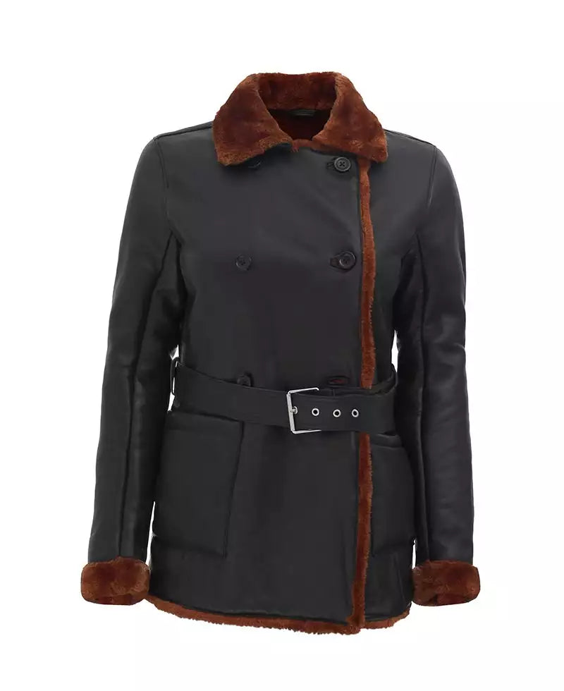 Women's Belted Black Shearling Leather Coat – Double-Breasted