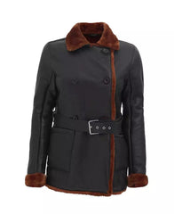 Women's Belted Black Shearling Leather Coat – Double-Breasted