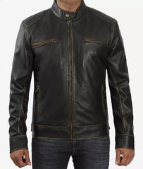 Men's Tall Distressed Brown Leather Jacket in Biker Style