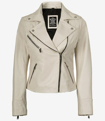 Women's Off White Lambskin Leather Jacket Biker Style