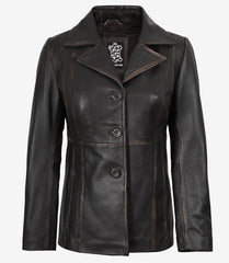 Women's Distressed Brown Leather Blazer with Three Buttons