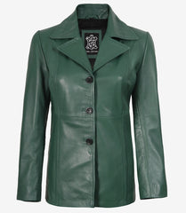 Women's Green Leather Blazer with Three Buttons