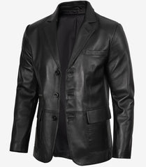 Men's Black Leather Blazer with Three Buttons and Notch Lapel