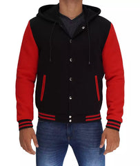 Salerno Men's Hooded Varsity Jacket in Black and Red Colors