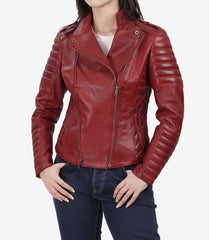 Women's Red Leather Jacket with Asymmetrical Padded Biker Design