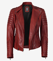 Women's Red Leather Jacket with Asymmetrical Padded Biker Design