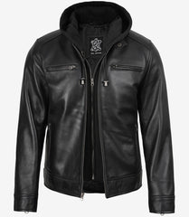 Men's Black Leather Jacket with Detachable Hood