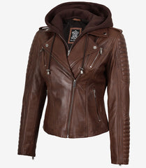 Women's Cognac Leather Biker Jacket with Detachable Hood
