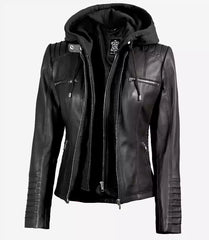 Helen Women's Tall Black Real Leather Jacket with Detachable Hood