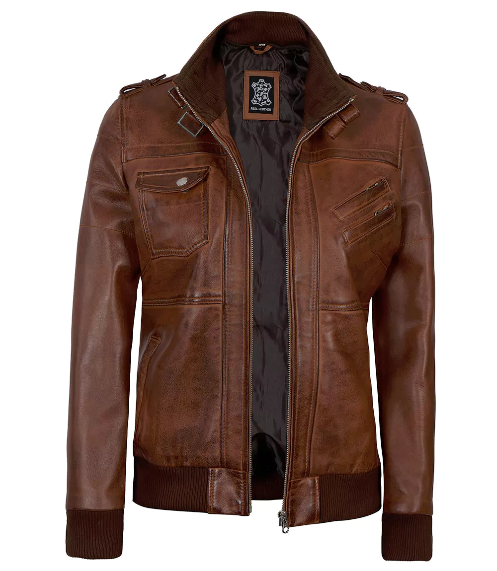 Edinburgh Women Brown Bomber Leather Jacket
