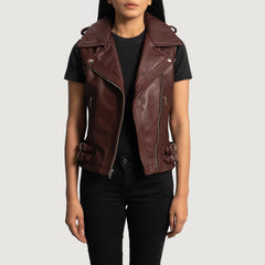 Rhonda Leather Biker Vest In Maroon