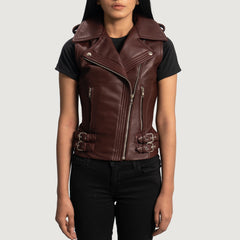 Rhonda Leather Biker Vest In Maroon
