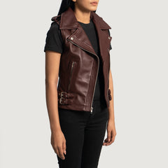 Rhonda Leather Biker Vest In Maroon