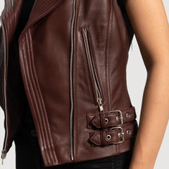 Rhonda Leather Biker Vest In Maroon