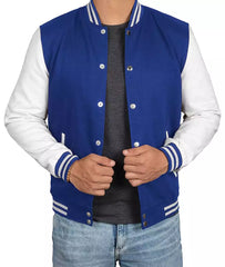 Men's Royal Blue Varsity Jacket Featuring White Sleeves