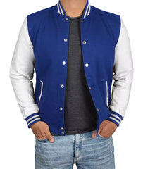 Men's Royal Blue Varsity Jacket Featuring White Sleeves