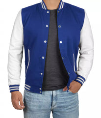 Men's Royal Blue Varsity Jacket Featuring White Sleeves