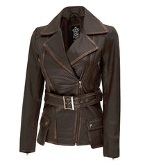 Women's Distressed Brown Long Leather Biker Jacket