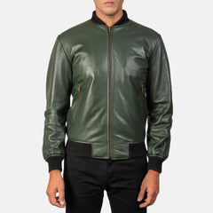 Shane Leather Bomber Jacket In Green