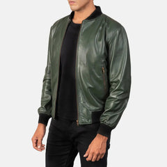 Shane Leather Bomber Jacket In Green