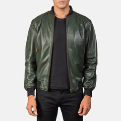 Shane Leather Bomber Jacket In Green